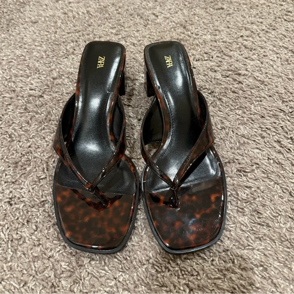 Zara Brown Leather Square-Toe Heeled Sandals - Picture 2 of 8